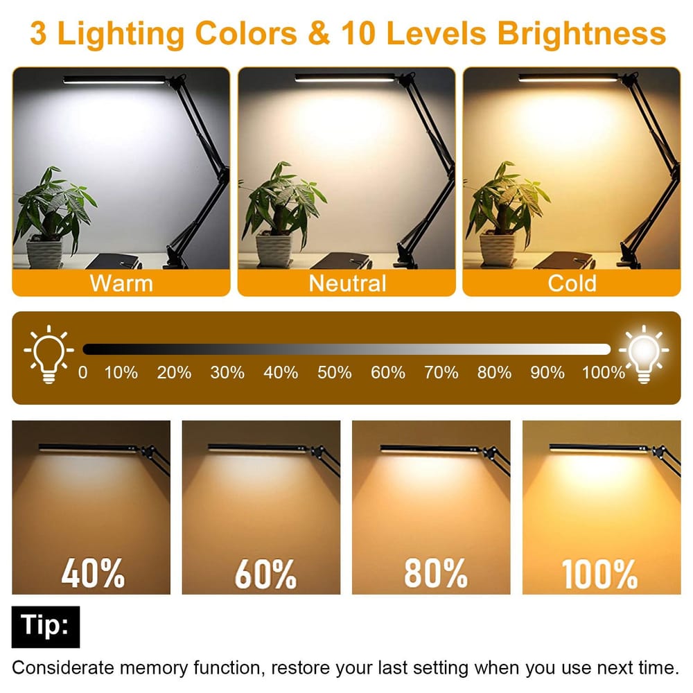 Image showing a modern adjustable desk lamp with three lighting colors (warm, neutral, cold) and a brightness scale displaying 10 levels of brightness, ideal for customizable lighting solutions.