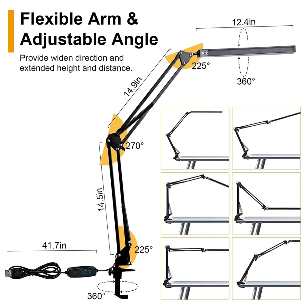 Adjustable desk lamp with a flexible arm, showcasing multiple positioning angles and height adjustments for optimal lighting.