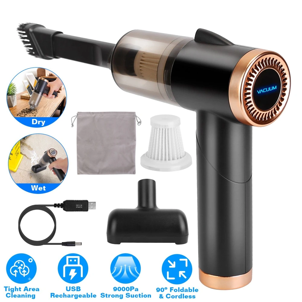 Compact cordless vacuum cleaner with strong 9000Pa suction, USB rechargeable, designed for both wet and dry cleaning in tight spaces, featuring a foldable design and various attachments for versatile use.