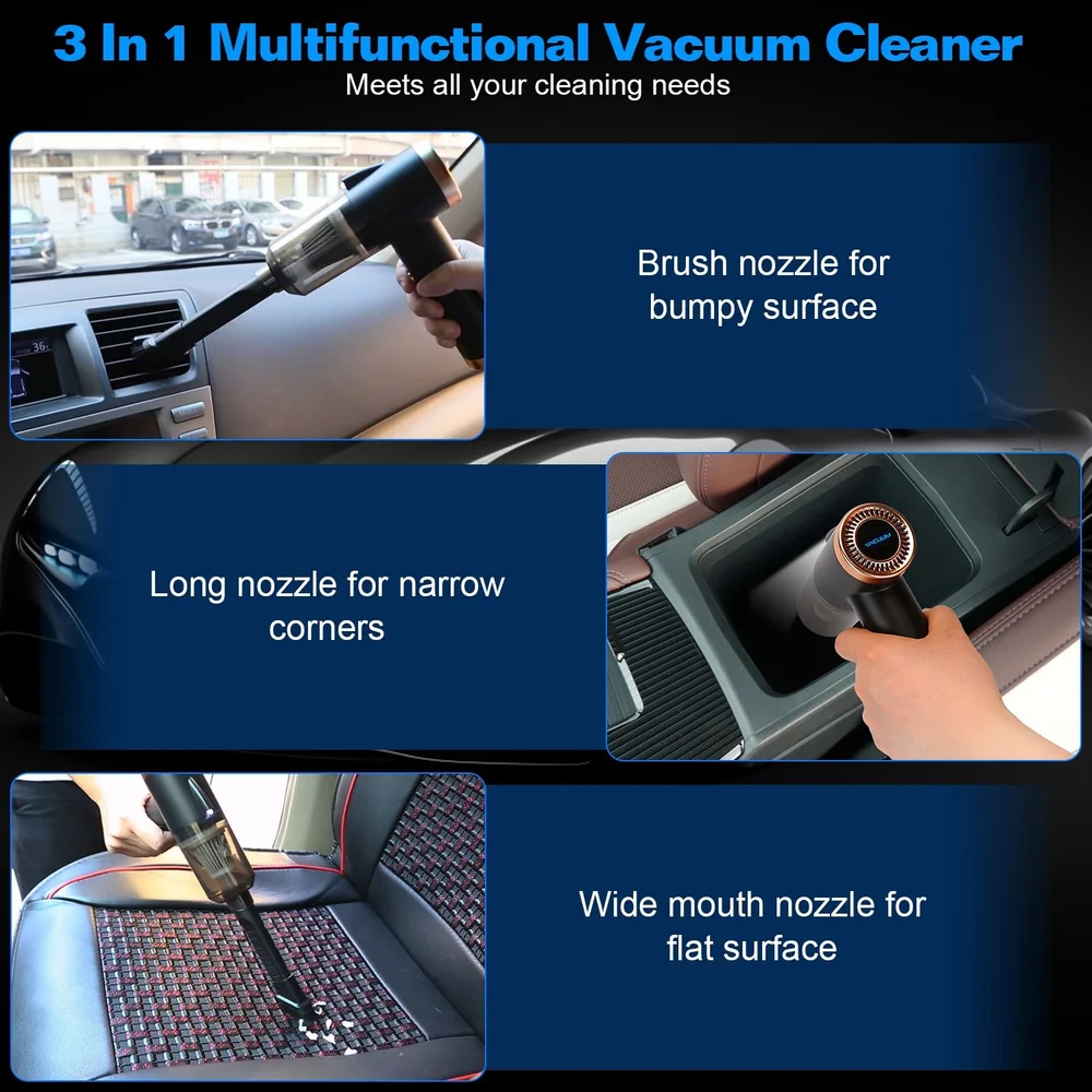 3-in-1 multifunctional vacuum cleaner with various nozzles for cleaning bumpy surfaces, narrow corners, and flat areas in vehicles.