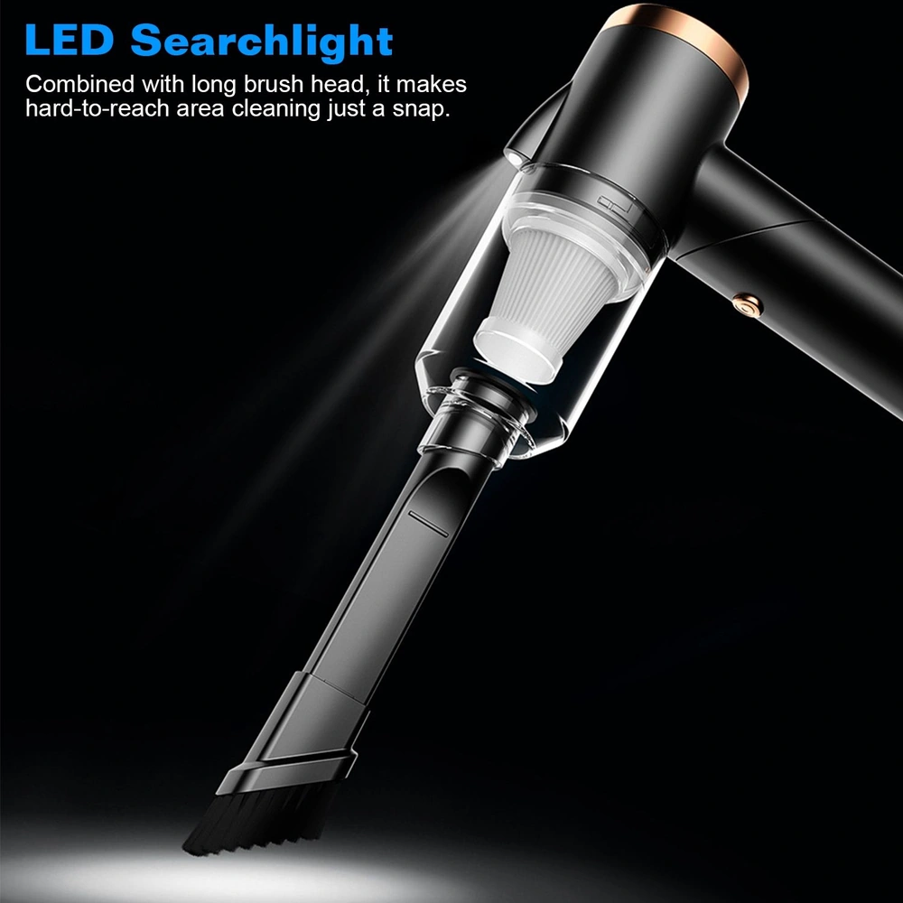 LED searchlight vacuum attachment with a long brush head for efficient cleaning of hard-to-reach areas.