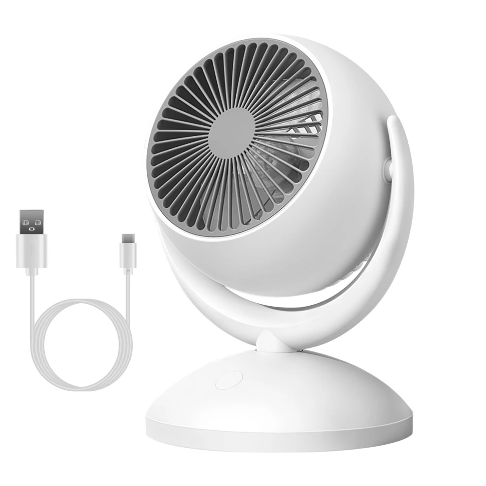 Compact USB table fan in sleek white design with adjustable tilt, accompanied by a USB-C charging cable. Perfect for personal cooling in any space.