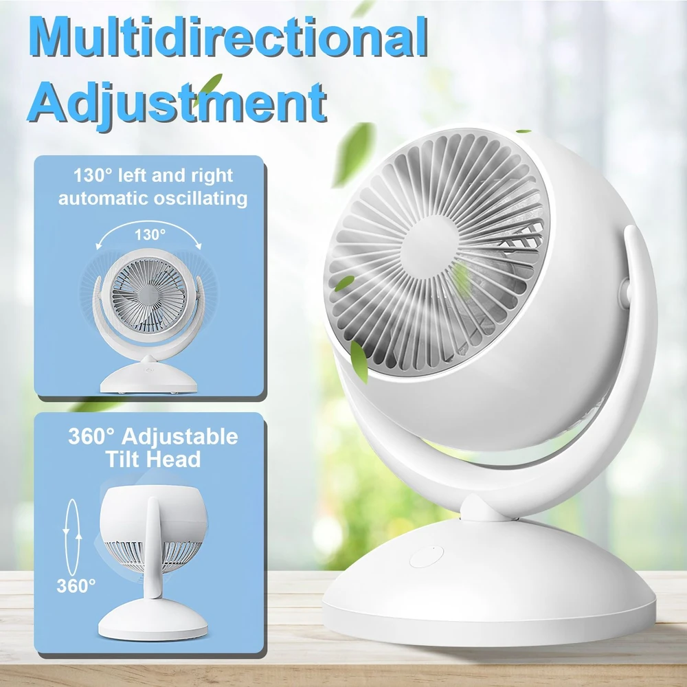 White adjustable fan with 130° automatic oscillation and 360° tilt head, ideal for personalized cooling in any room, surrounded by green leaves for a fresh look.