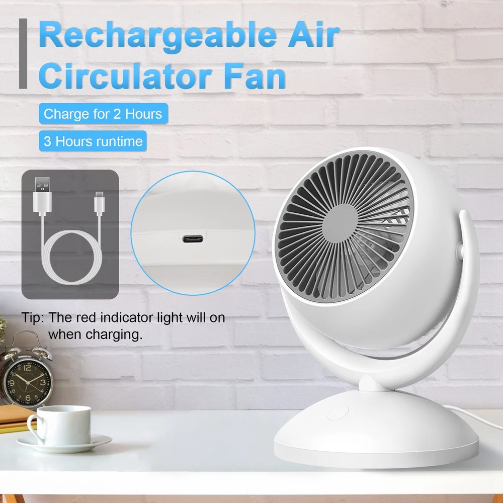 Rechargeable air circulator fan in white with USB charging capability, featuring a sleek design and highlighted charging instructions, displayed on a modern desk setting.
