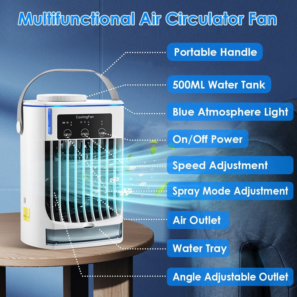 Multifunctional air circulator fan with a portable handle, 500ML water tank, adjustable spray modes, speed control, blue atmosphere light, and an angle adjustable outlet, displayed on a wooden table in a cozy environment.
