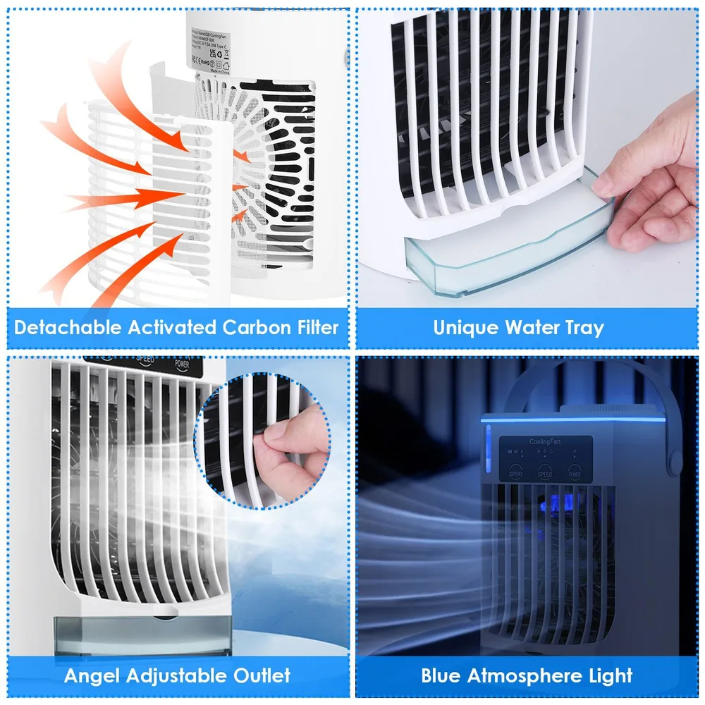 Compact air cooler with detachable activated carbon filter, adjustable outlet, unique water tray, and blue atmosphere light for enhanced comfort and air quality.