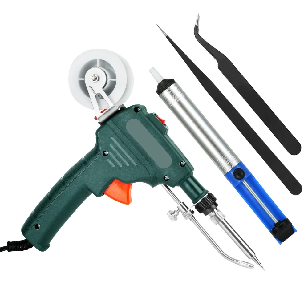 Electric soldering tool kit featuring a green and orange hand tool, a precision soldering iron, and stainless steel tweezers designed for electronics repair.
