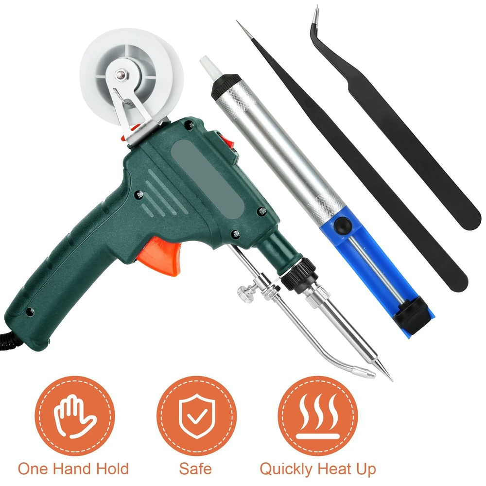 Electric soldering gun kit with quick heat-up, ergonomic one-hand hold design, safety features, and included tweezers for precise work.
