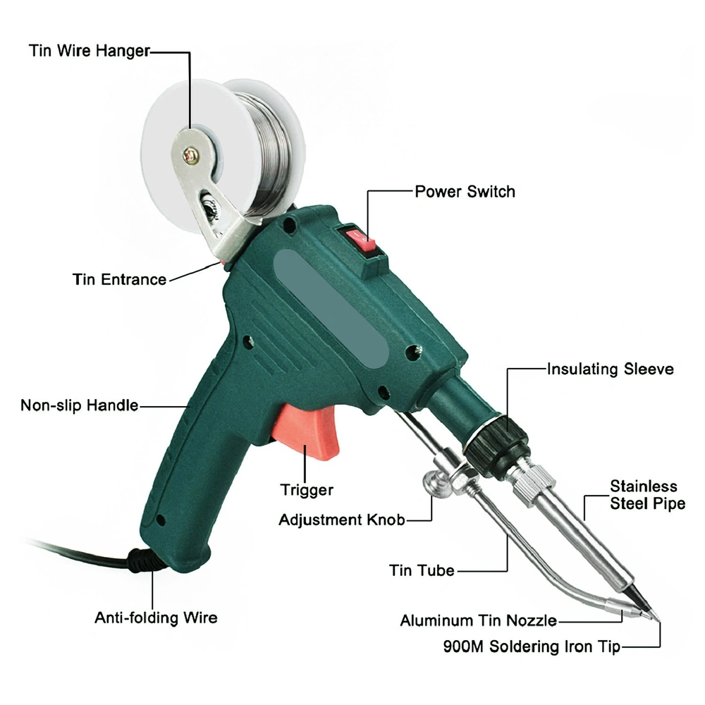 Image of a soldering iron with features labeled, including a non-slip handle, power switch, tin wire hanger, tin tube, and adjustable trigger, designed for precision soldering tasks.