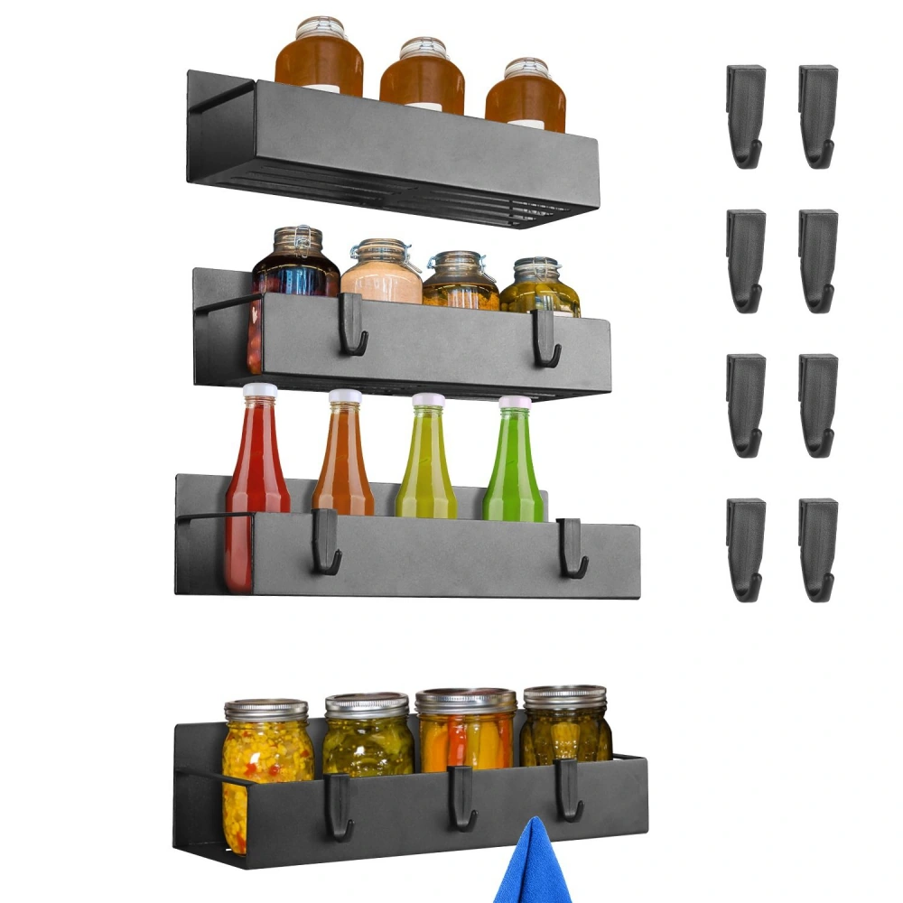 Three-tier wall-mounted storage shelf featuring assorted glass bottles and jars, with six included hooks, perfect for organizing beverages and condiments in kitchens or pantries.