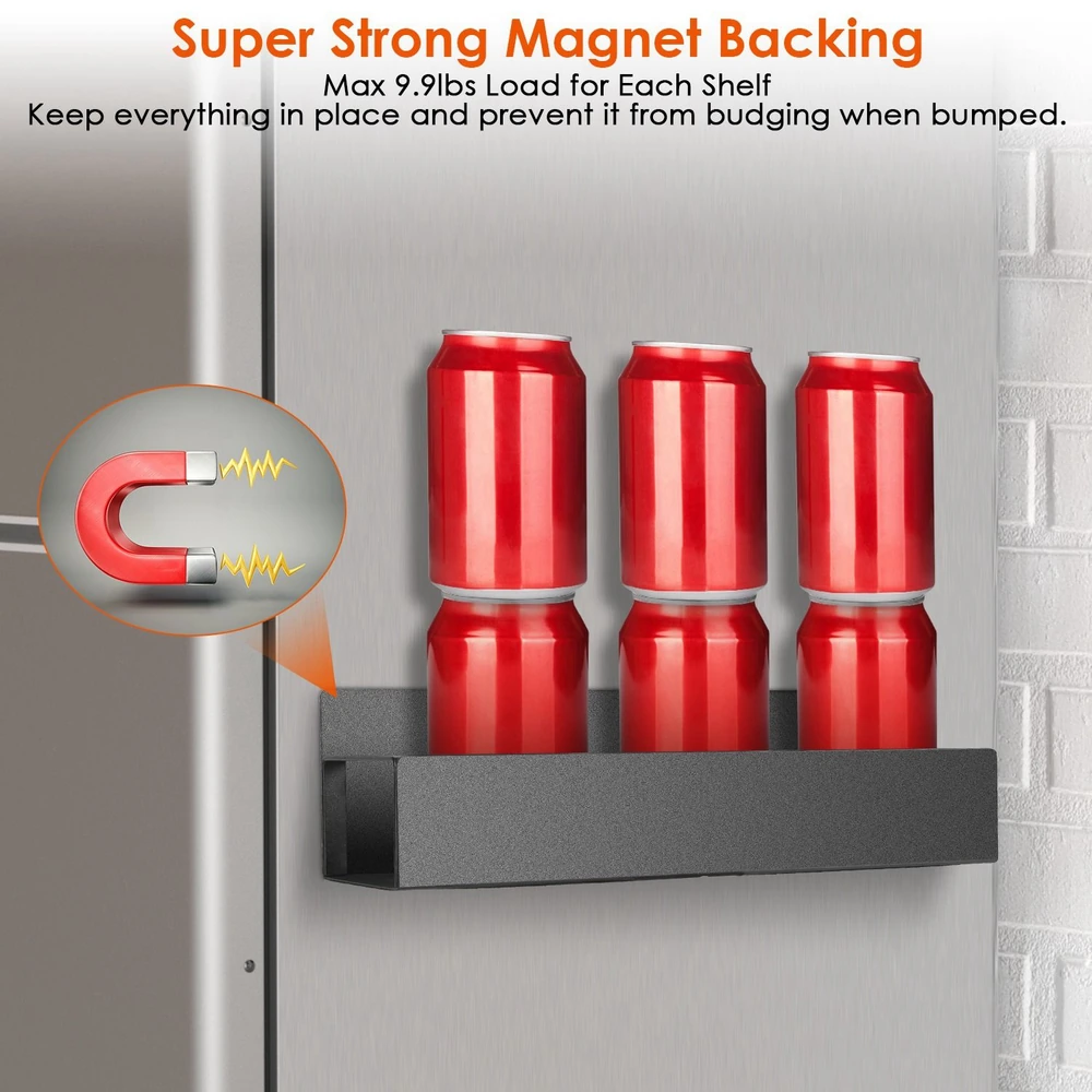 Magnetic can holder with four red soda cans securely mounted on a metallic fridge, showcasing its super strong magnet backing capable of holding up to 9.9lbs.