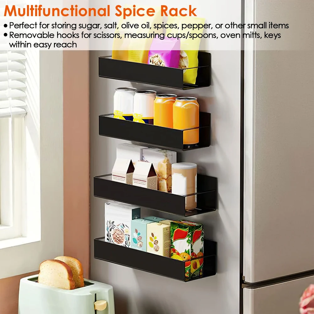 Multifunctional black spice rack mounted on a wall, featuring four horizontal shelves for storing various kitchen items like sugar, spices, and small containers, along with removable hooks for easy access to utensils.