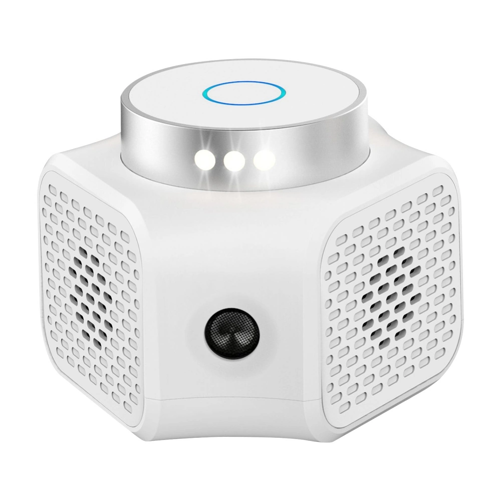 Compact white Bluetooth speaker with touch control and LED lights, featuring a sleek hexagonal design and speaker grills on multiple sides for 360-degree sound.