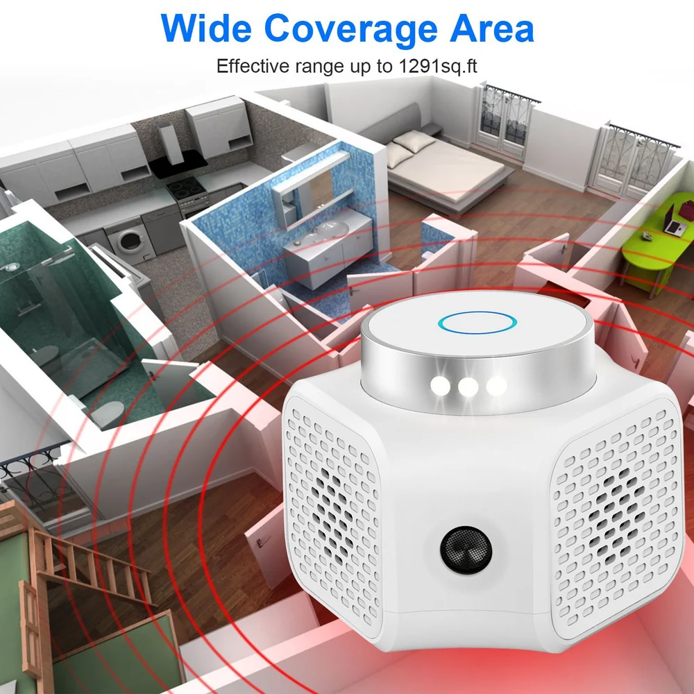 Smart home device with wide coverage area for effective range up to 1,291 sq. ft., showcasing its use in a modern, multi-room layout.