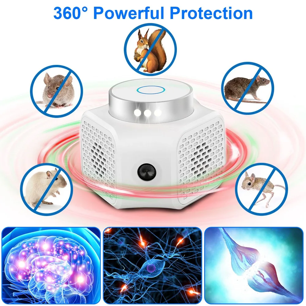 360-degree pest repeller device designed to provide powerful protection against rodents and insects, featuring visual representations of its effectiveness against various pests like squirrels, rats, and mice, along with images of the brain and nerve cells reflecting its advanced technology.