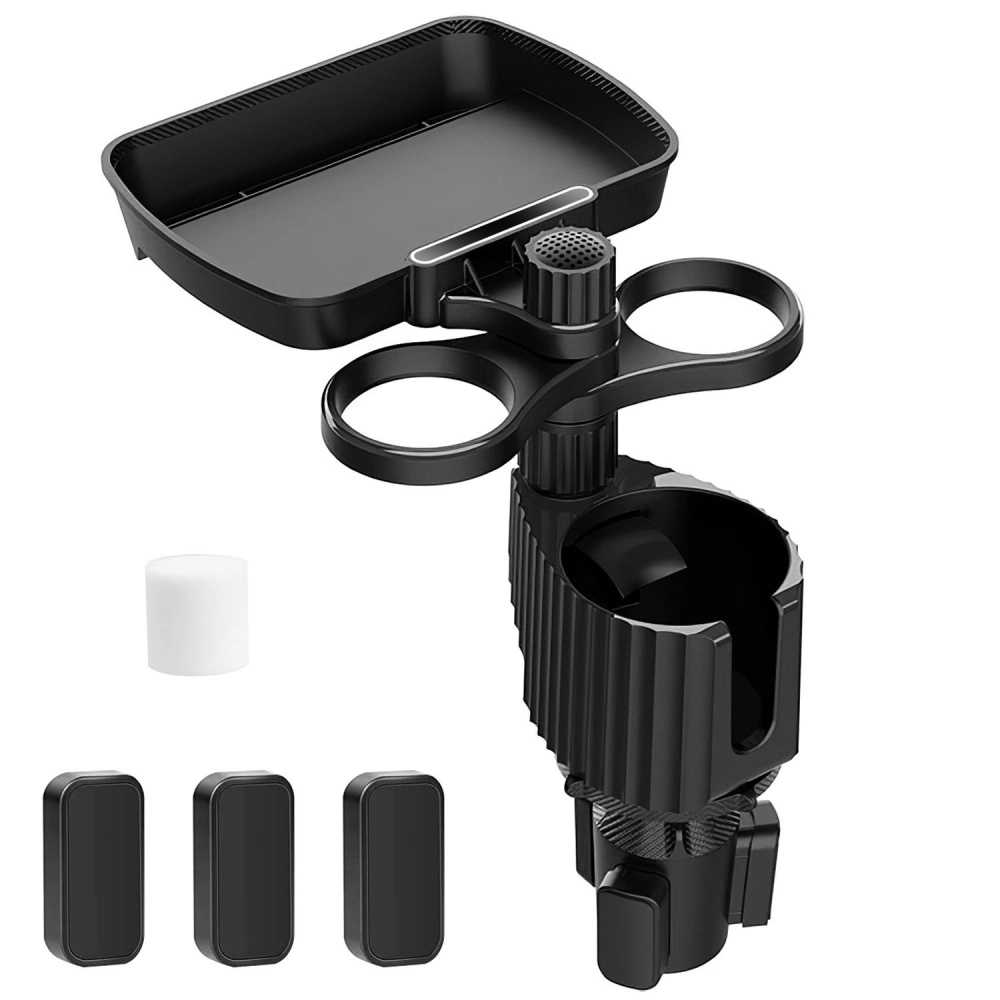 Adjustable car cup holder adapter with additional storage tray and three interchangeable base caps for secure fit in various vehicles.