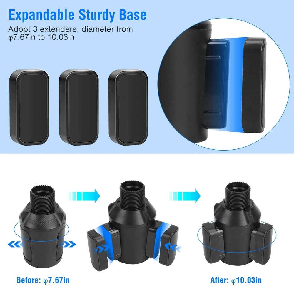 Expand your setup with this versatile, adjustable base featuring three extenders that increase the diameter from 7.67 inches to 10.03 inches, showcasing a sturdy design for enhanced stability.