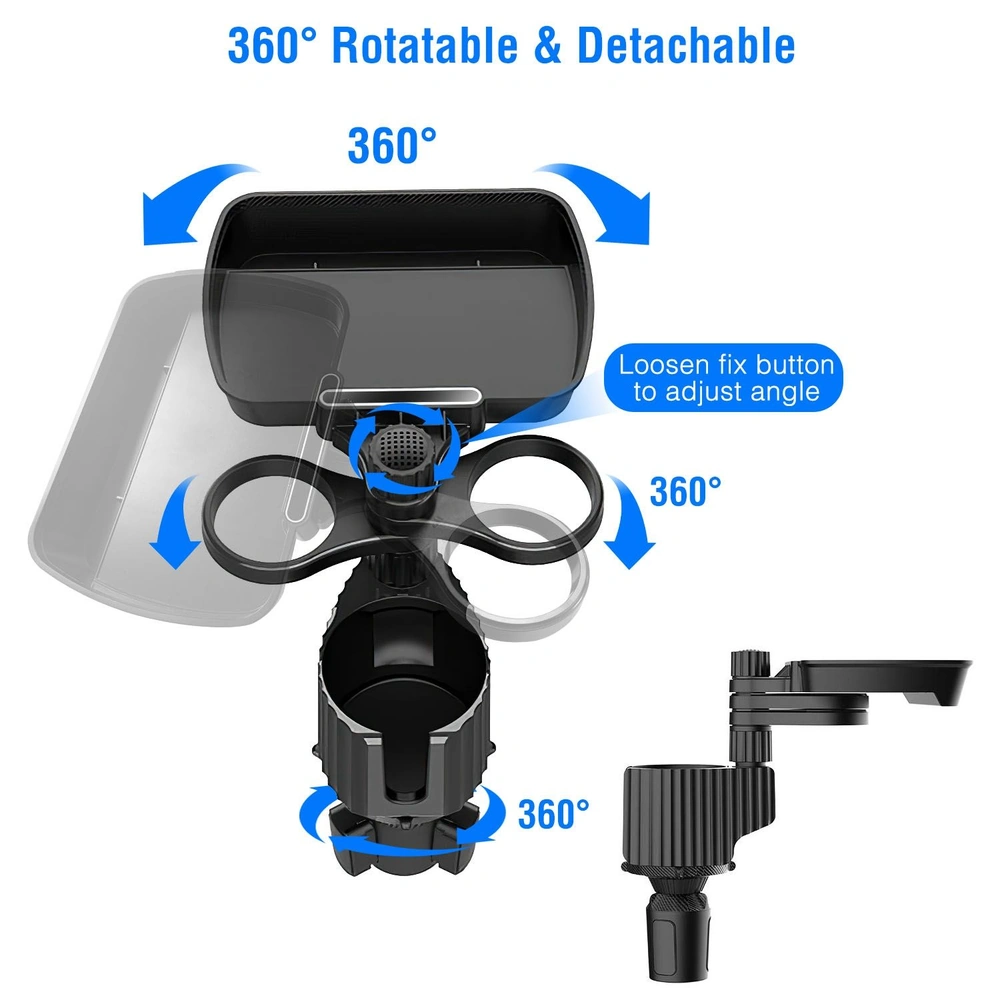 360-degree rotatable and detachable car cup holder organizer with adjustable angle and multiple compartments for drinks and accessories.