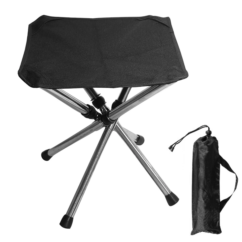 Lightweight black folding stool with a durable fabric seat and silver metal frame, shown next to a compact carry bag for easy transport and storage.