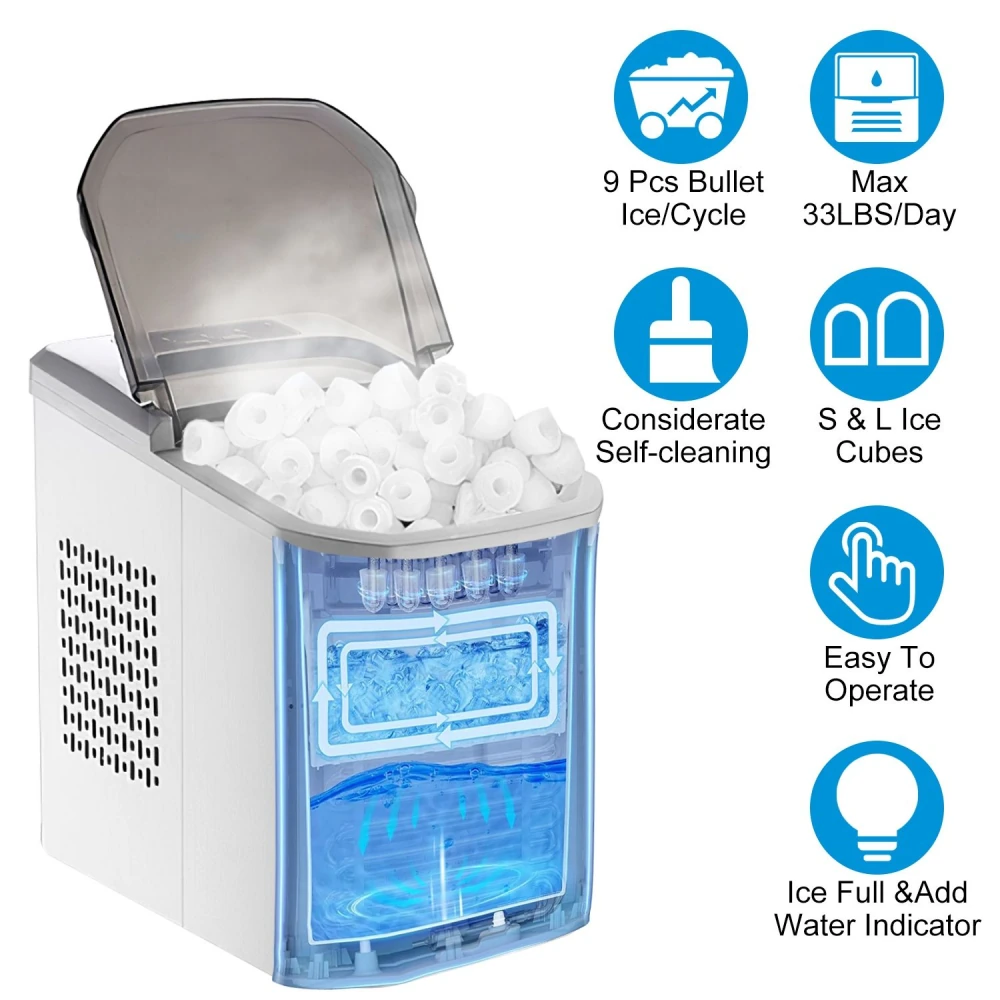 Portable ice maker with a clear viewing window showcasing bullet ice cubes, featuring self-cleaning, easy operation, and indicators for ice level and water supply.