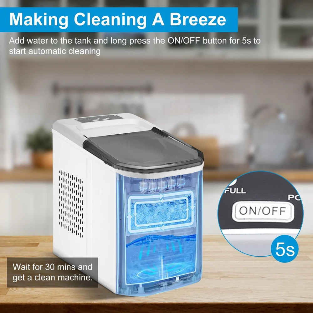 Compact automatic cleaning machine with a transparent water tank, instruction on the ON/OFF button, and a modern design, set against a kitchen background.