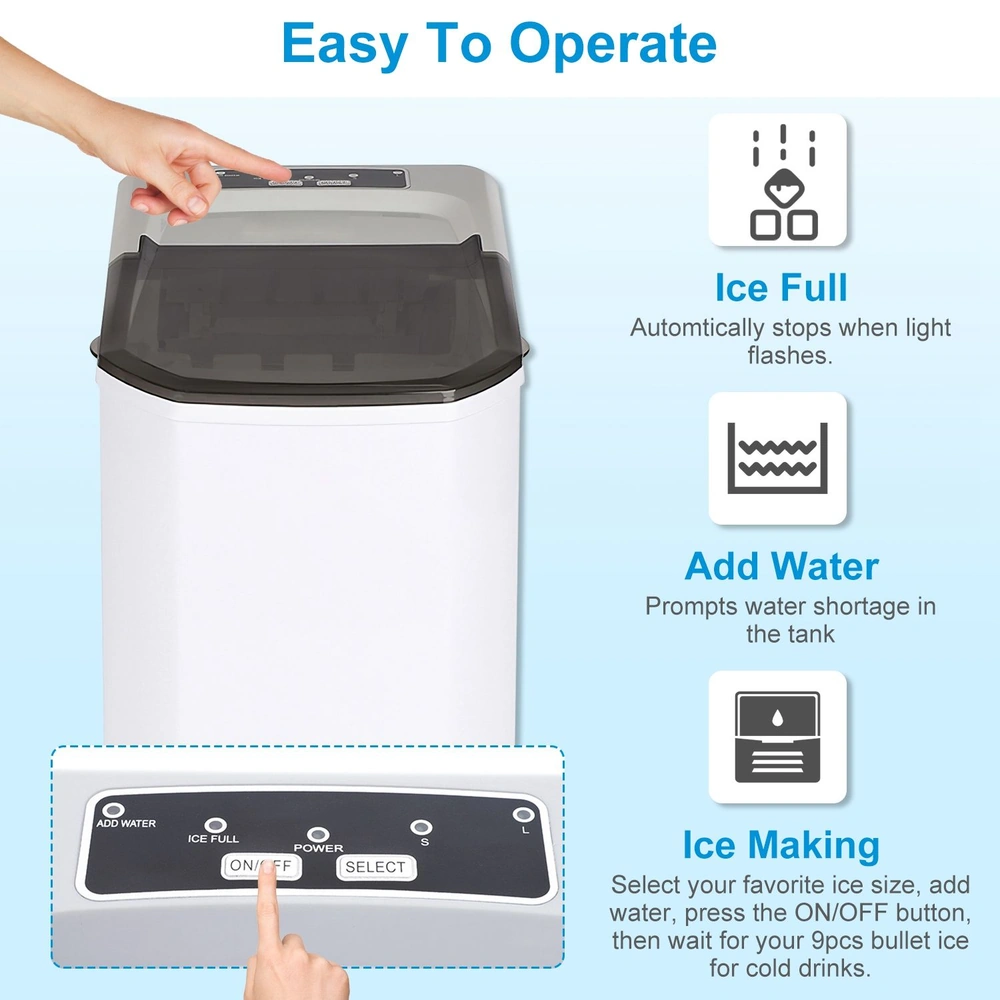 White portable ice maker with user-friendly control panel, featuring buttons for power, ice size selection, and water alert, and a person's hand pressing the power button.