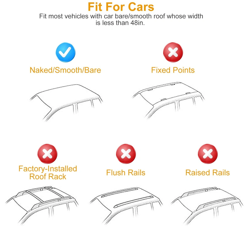 Illustration showing car roof compatibility, highlighting fit for vehicles with bare/smooth roofs under 48 inches, and indicating incompatible roof types: fixed points, factory-installed roof racks, flush rails, and raised rails.