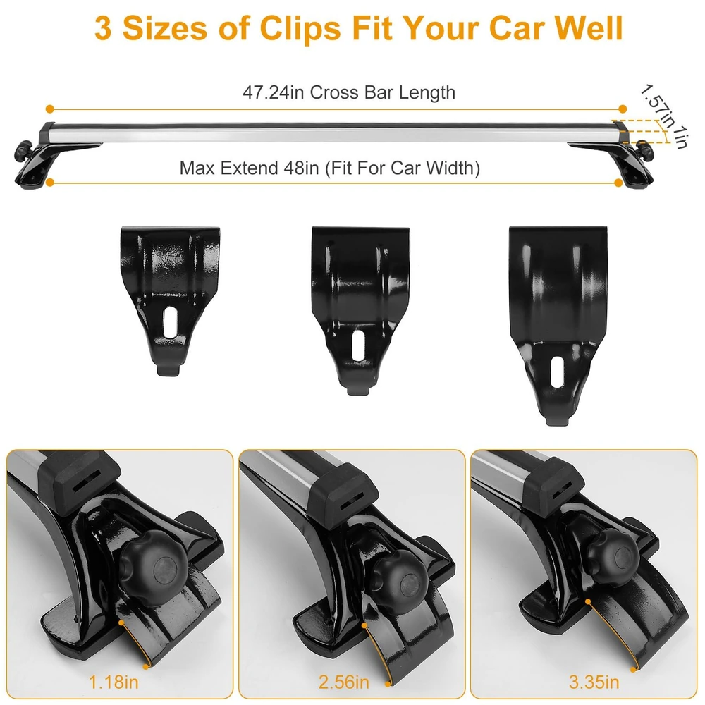 "Product image showing adjustable vehicle crossbar clips in three sizes: 1.18in, 2.56in, and 3.35in, designed to fit car widths up to 48in and featuring a sleek black finish for durability."