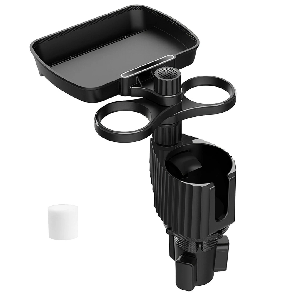 Car cup holder with storage tray and dual cup capacity for convenience in vehicles.