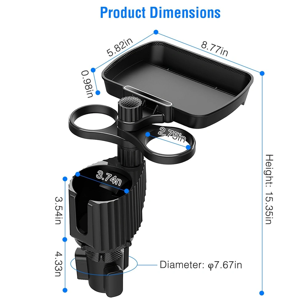 Product dimensions illustration for a versatile black phone mount cup holder with a tray, featuring labels for height, width, and diameter measurements.