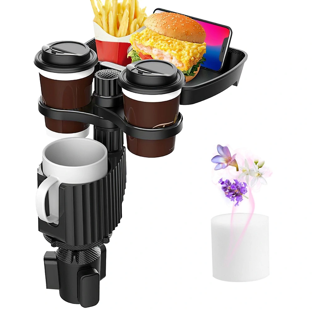 Multi-functional car cup holder organizer with two coffee cups, a burger, fries, a smartphone slot, and a white candle featuring floral scents.