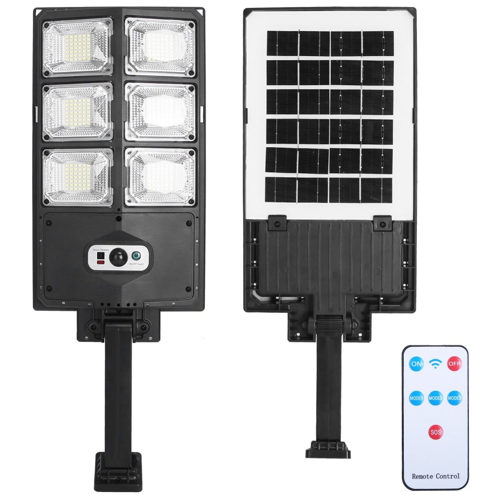Solar-powered LED floodlight with remote control, featuring six bright lights and a sleek solar panel design, perfect for outdoor illumination and energy efficiency.