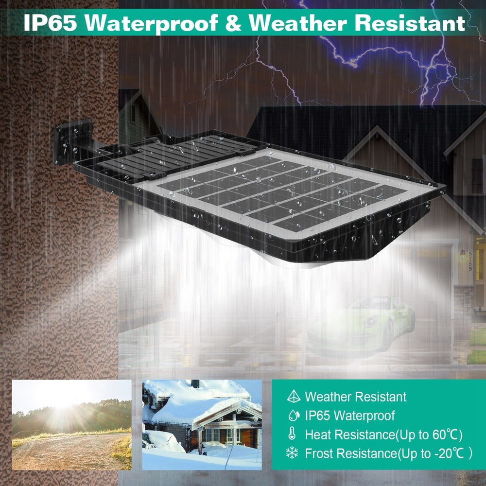 IP65 waterproof solar panel light with weather-resistant features, showcasing its durability under rain and frost, ideal for outdoor use in various climates.