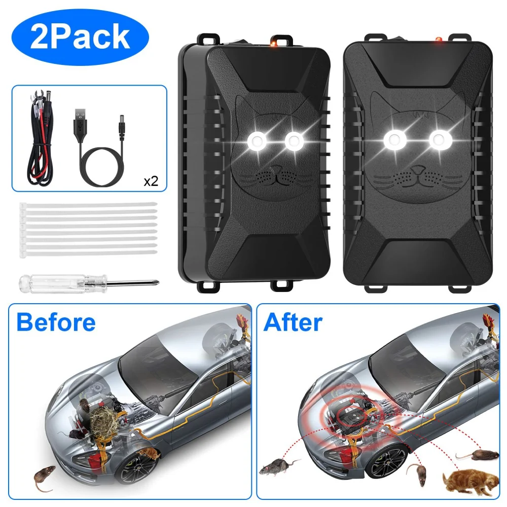 Cat-shaped rodent repellent device kit, includes two repellers, accessories, and illustrated before-and-after images demonstrating effectiveness against rodents in vehicles.
