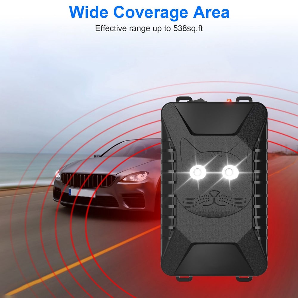 Cat-shaped vehicle alarm system with wide coverage area of up to 538 sq. ft., featuring red signal waves and a sleek design against a blurred car backdrop.