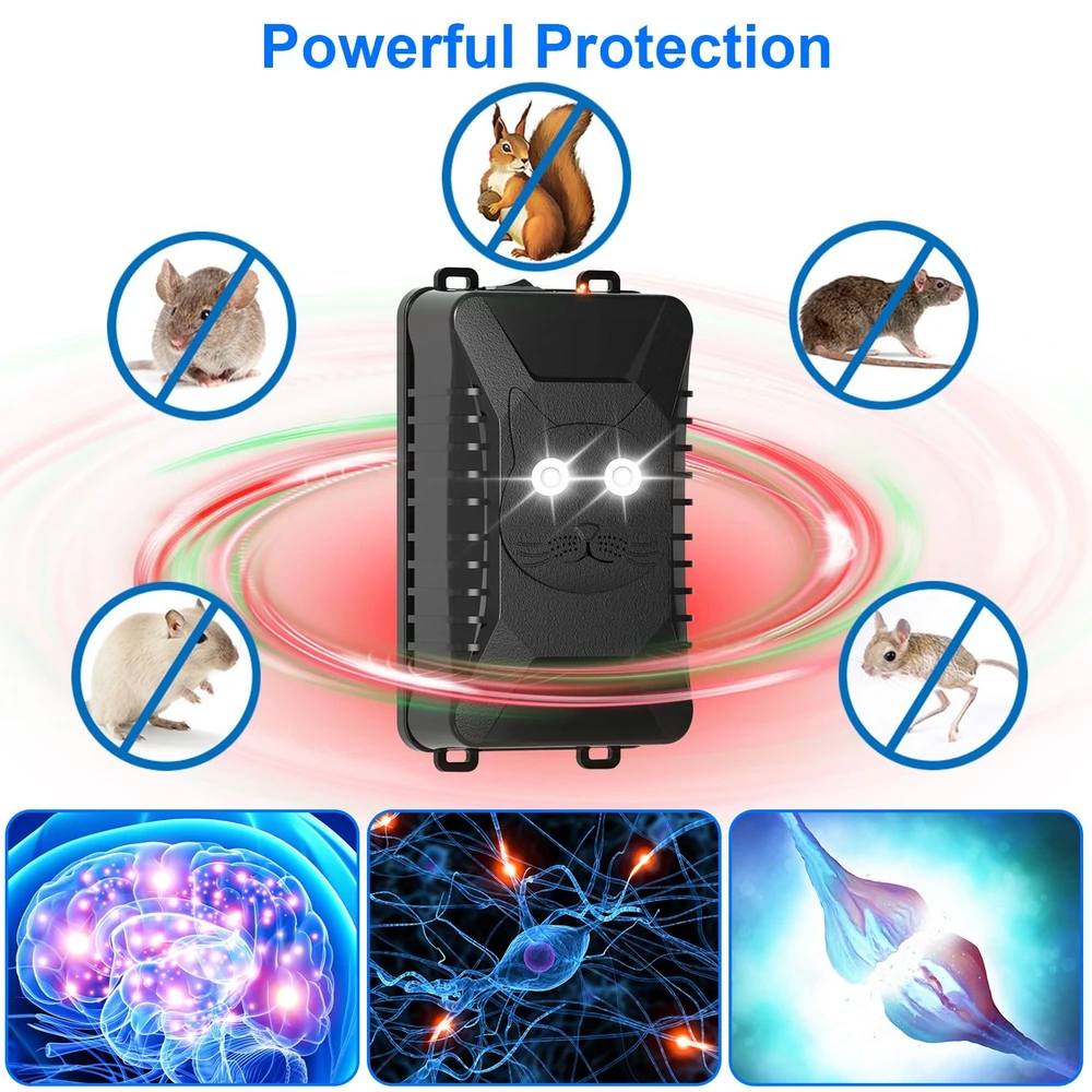 Ultrasonic pest repeller device with cat design, featuring graphics of protected animals like squirrels and mice, highlighting powerful protection against pests.
