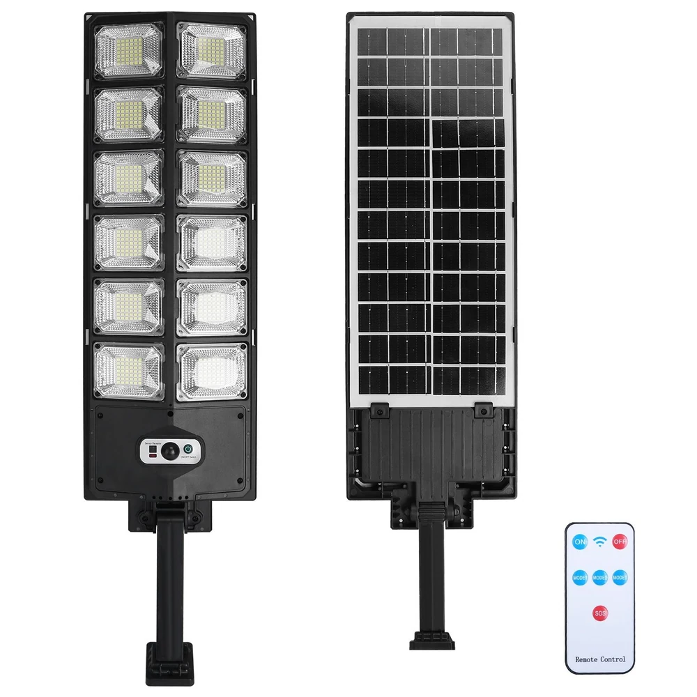 Solar-powered outdoor LED flood light with remote control, featuring multiple bright LED panels and a solar panel for energy efficiency.