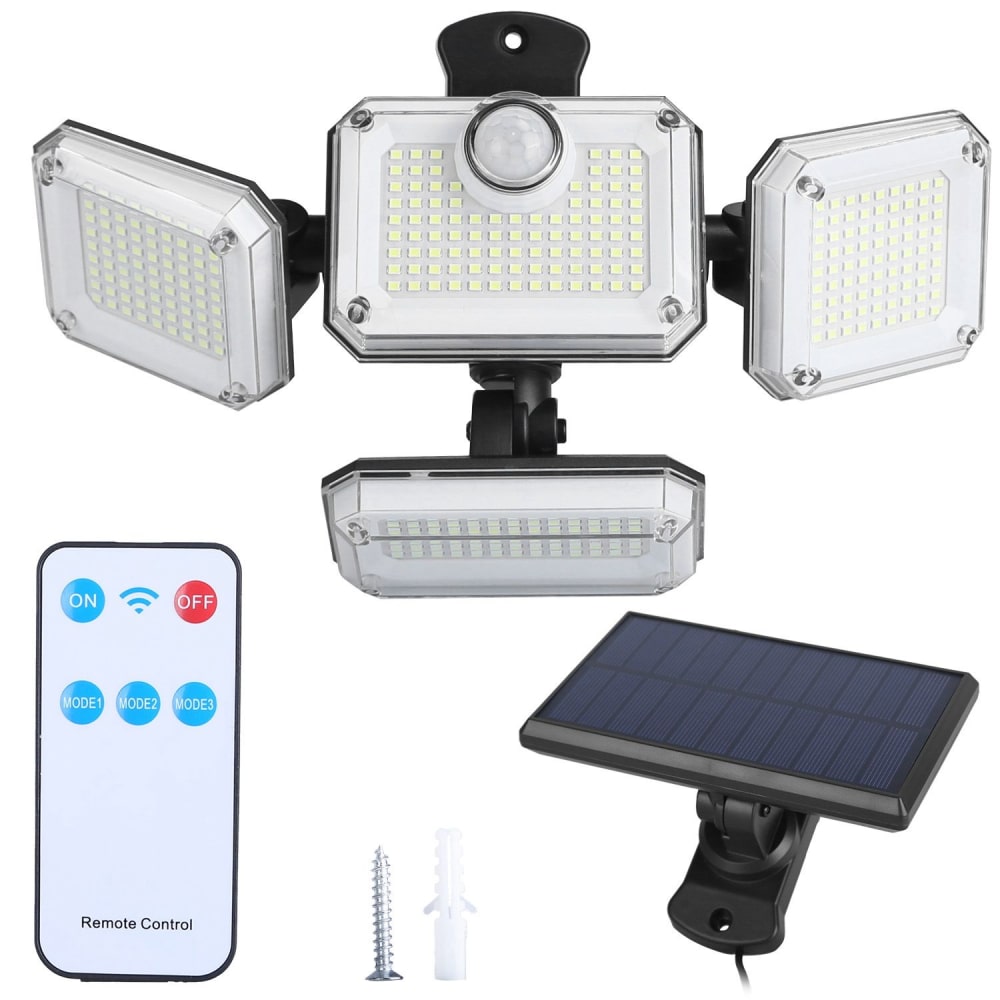 Solar-powered LED motion sensor floodlight with three adjustable panels, remote control, and solar panel for outdoor lighting.