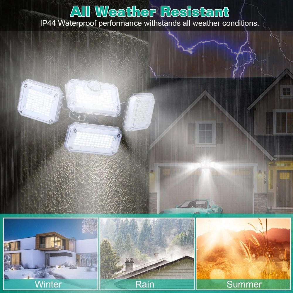 All weather-resistant LED security lights with IP44 waterproof rating, illuminated in rain and storms, showcasing durability and performance in winter, rain, and summer conditions.