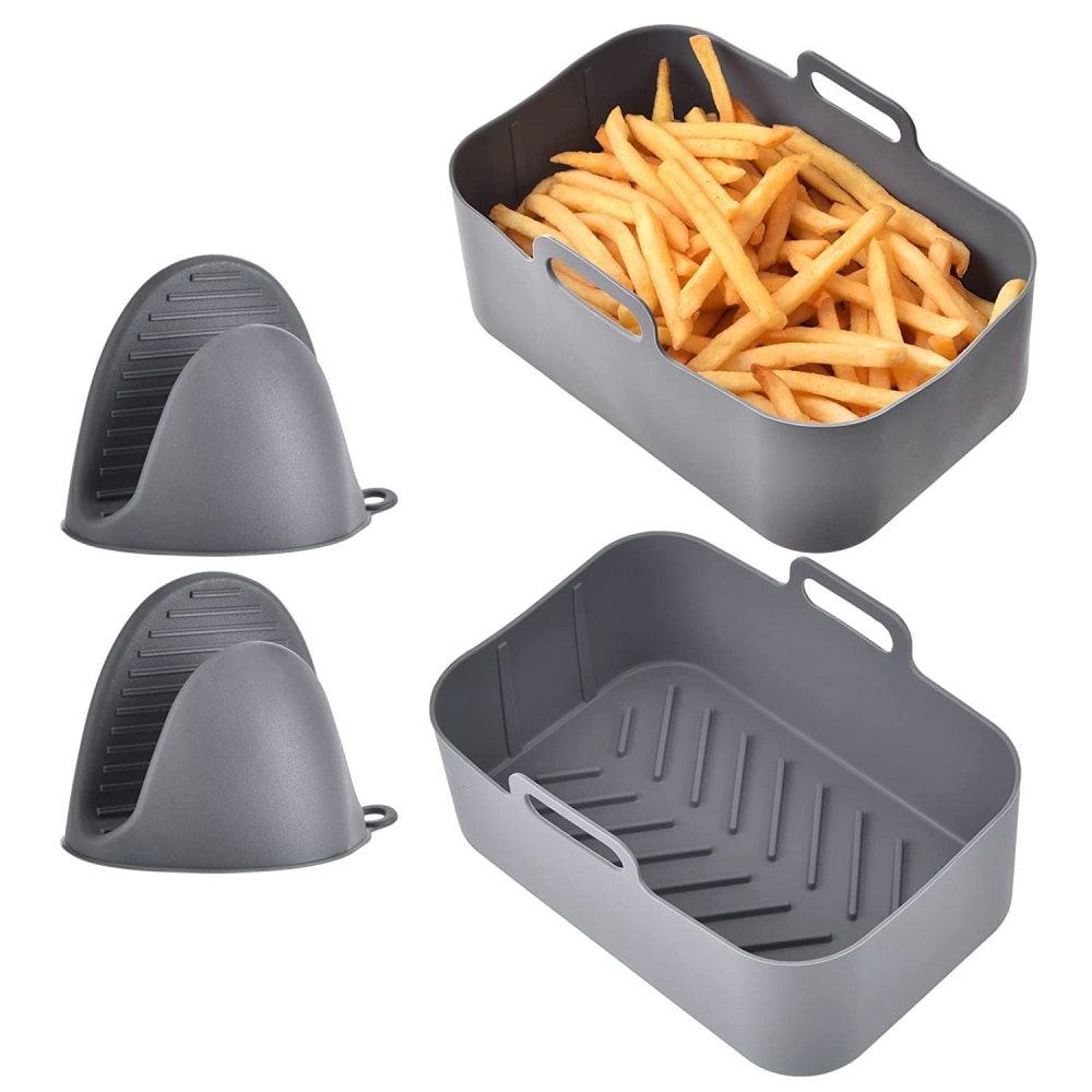 Gray serving tray with french fries and two sauce cups, featuring ergonomic handles and a textured base for stability.