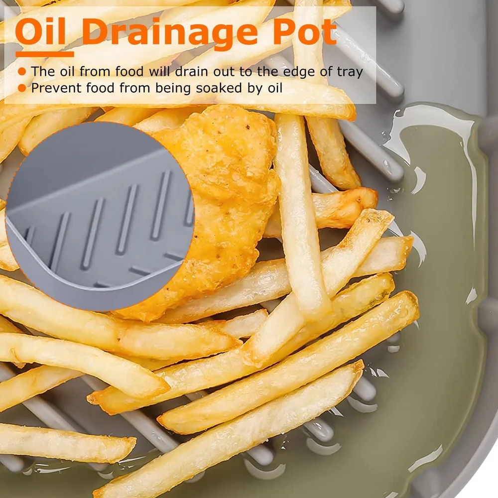 Oil drainage pot with fries and fried chicken showing oil draining to the edge, designed to keep food crispy and prevent sogginess.