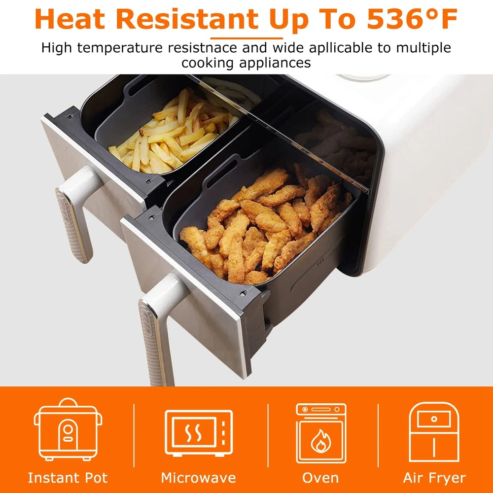 Dual compartment air fryer with heat-resistant design, showcasing golden fries and crispy chicken strips, suitable for use with Instant Pot, microwave, oven, and air fryer, temperature tolerance up to 536°F.