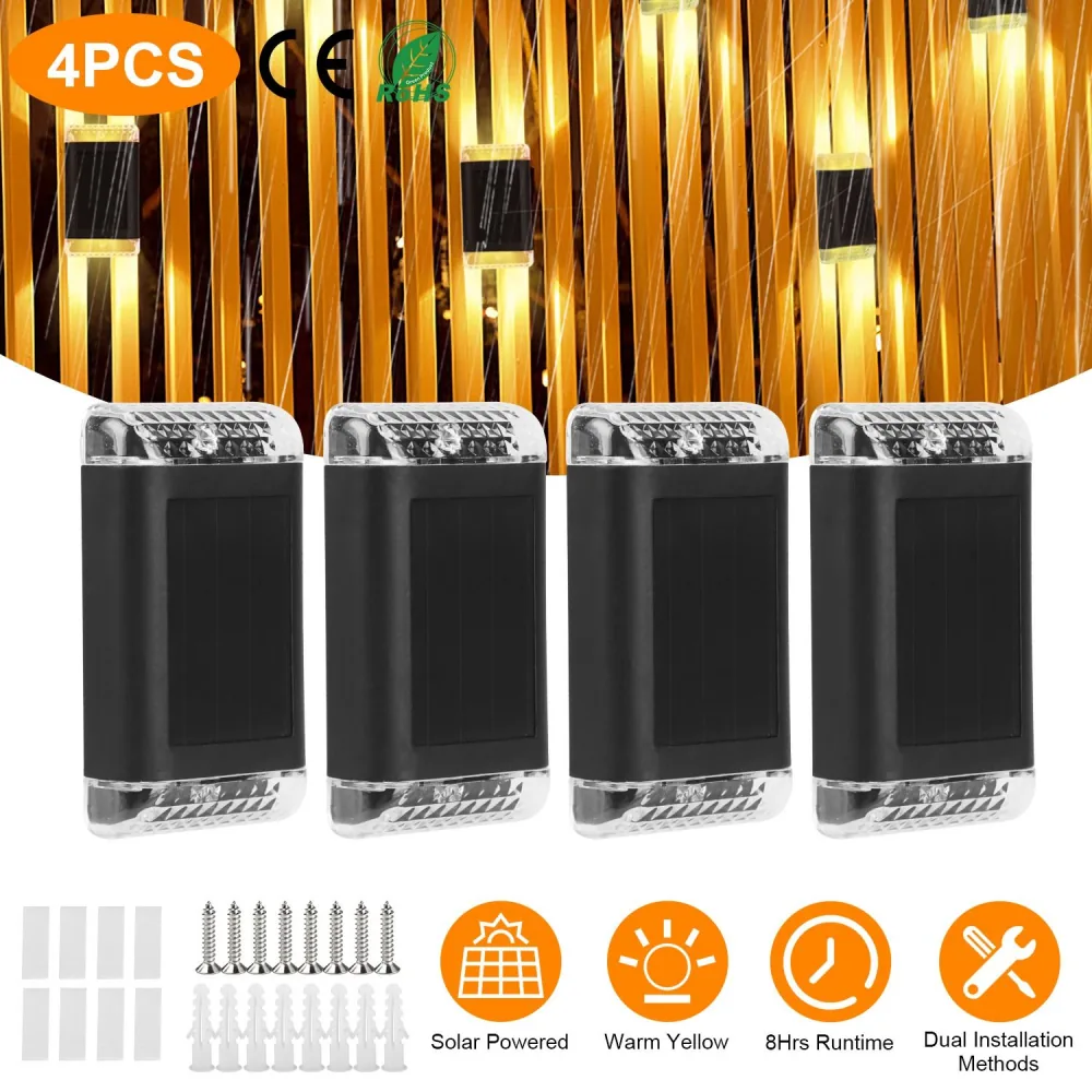 Solar-powered outdoor lights, warm yellow glow, 8 hours runtime, pack of 4 with dual installation options, showcasing the product and accessories against a backdrop of bright LED strands.