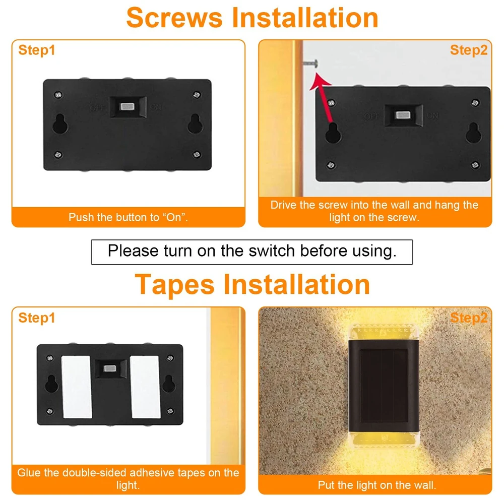 Installation guide for a wall light, showing step-by-step instructions for screw and tape installation methods, with visuals of the device and required actions to ensure proper use.