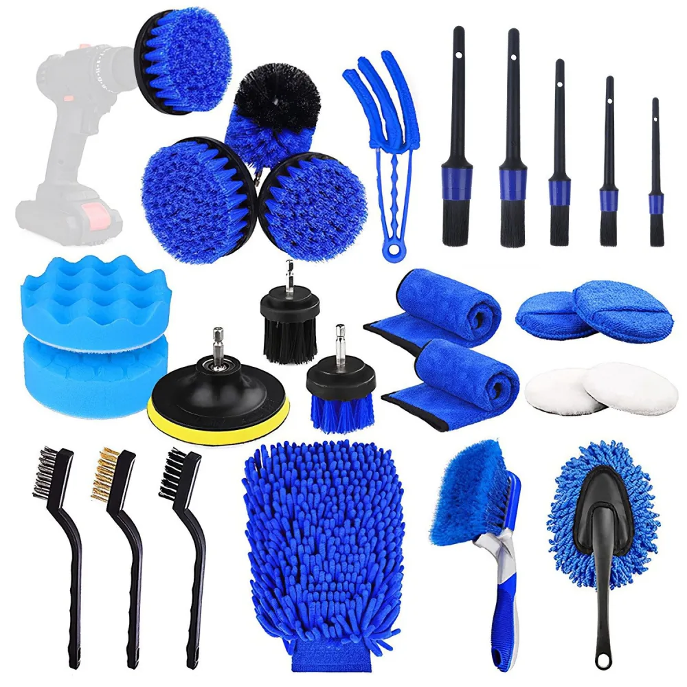 A comprehensive car cleaning kit featuring various blue brushes, sponges, microfiber towels, and detailing tools for effective automotive maintenance.