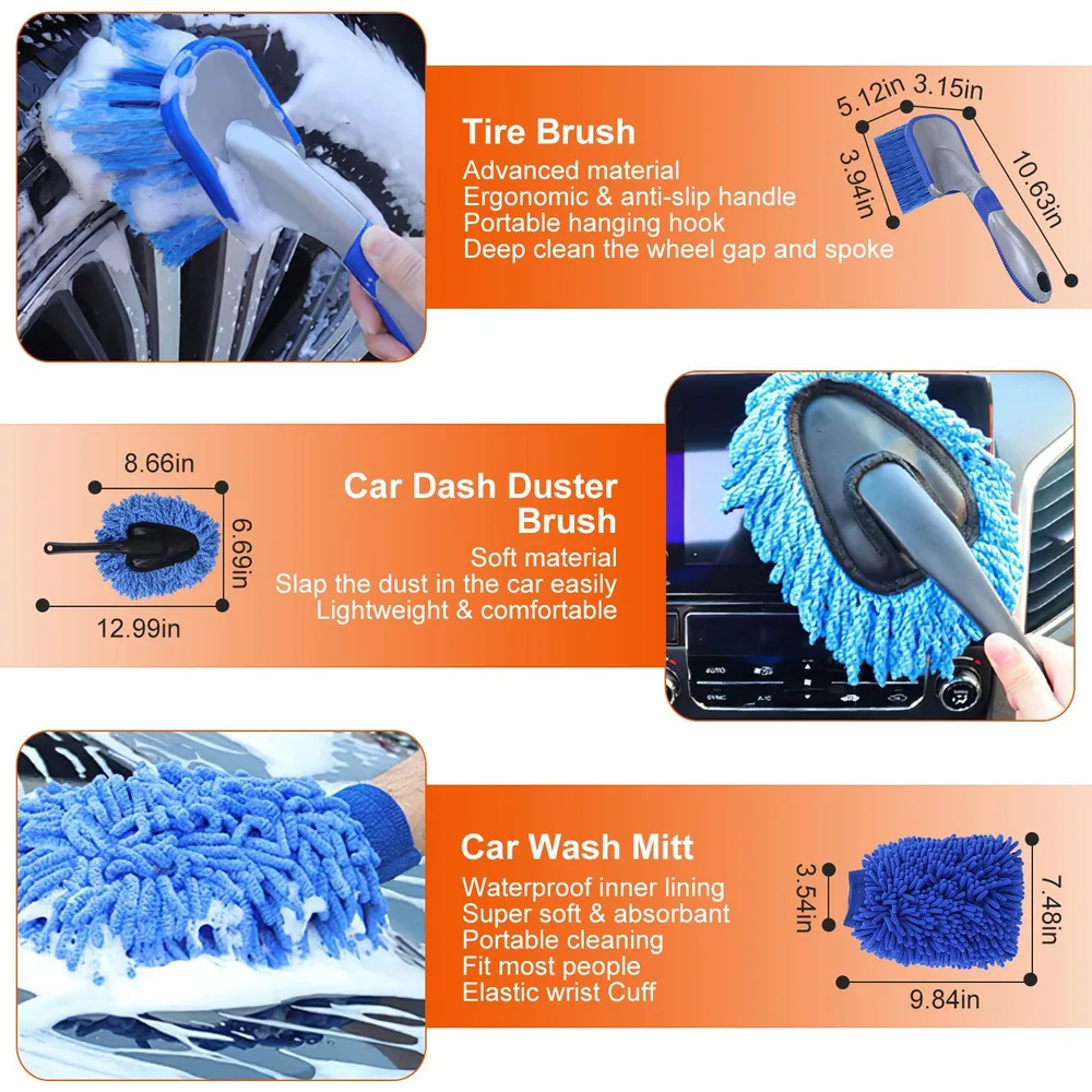 Car cleaning tool set featuring a tire brush for deep wheel cleaning, a lightweight car dash duster brush for easy dusting, and a soft, absorbent car wash mitt with a waterproof lining, all designed for effective vehicle maintenance.