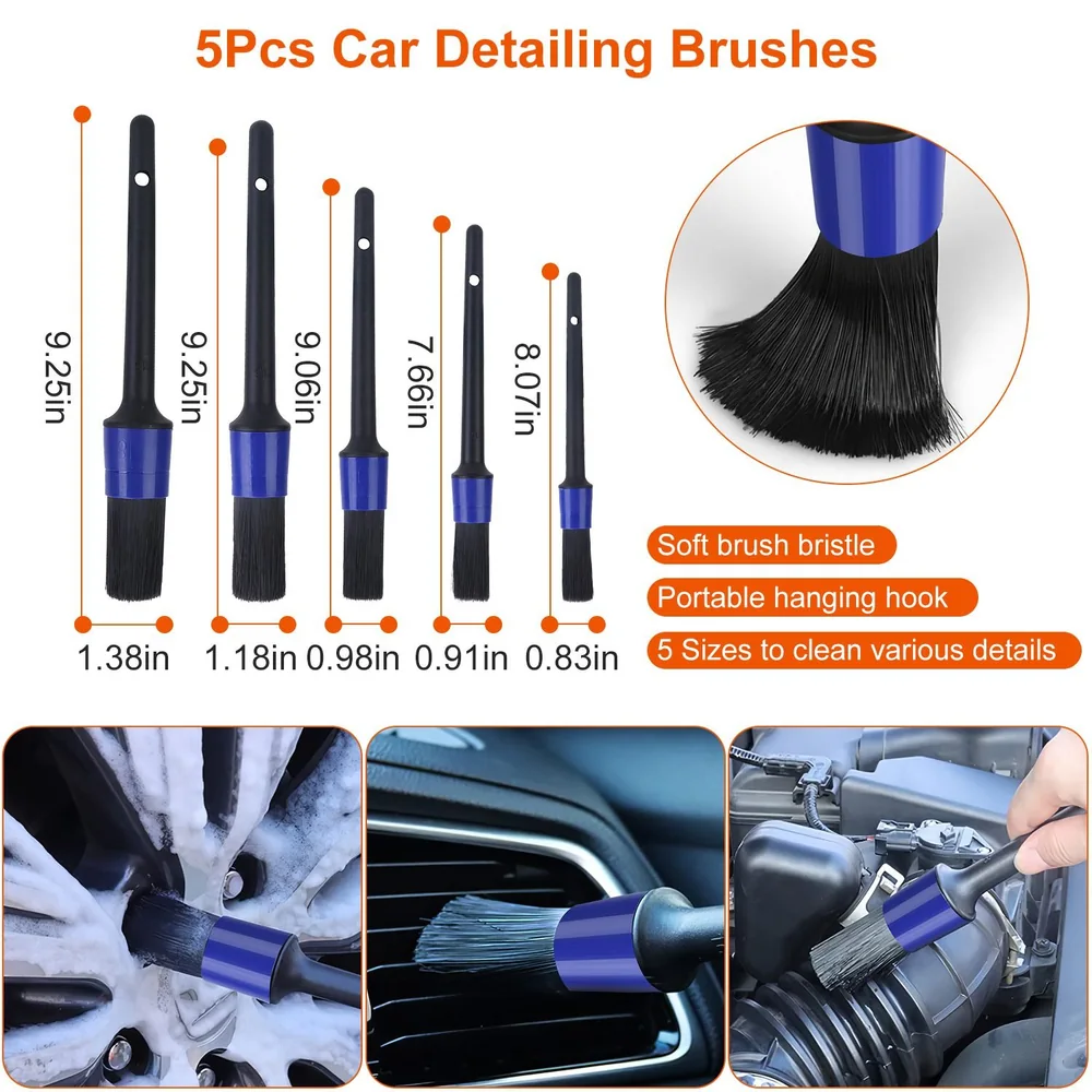 5-piece car detailing brush set featuring various brush sizes (0.83 to 9.25 inches) with soft bristles for cleaning intricate details, ideal for automotive interiors and exteriors, designed with portable hanging hooks.