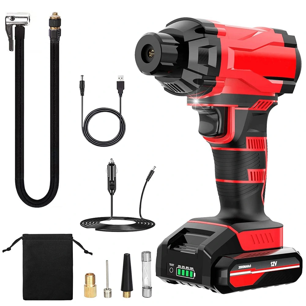Portable 12V cordless air compressor with various accessories including USB and car charger cables, multiple nozzle attachments, and a carrying pouch for easy storage and transport.