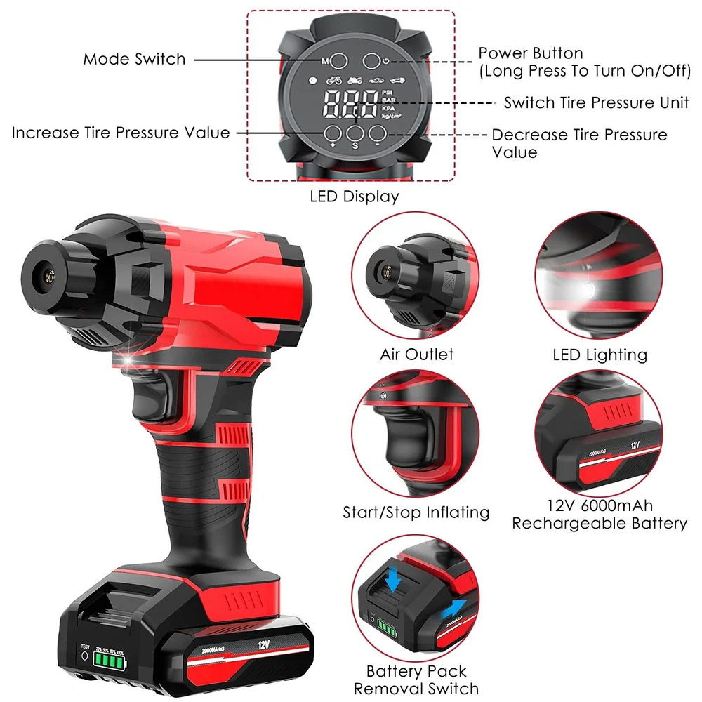 Compact portable tire inflator with LED display, rechargeable 12V battery, air outlet, and multi-functional buttons for easy operation and pressure adjustment.