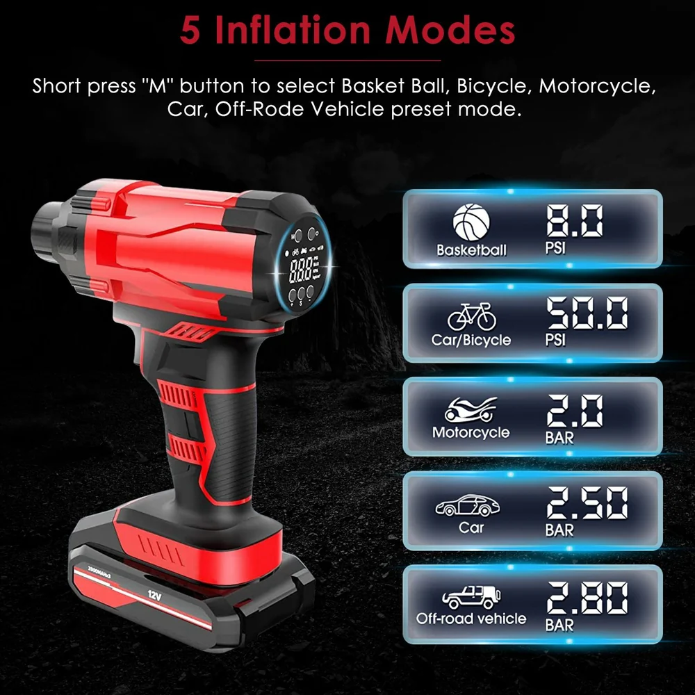Cordless portable air compressor with digital display and five inflation modes for basketball, car, bicycle, motorcycle, and off-road vehicles.